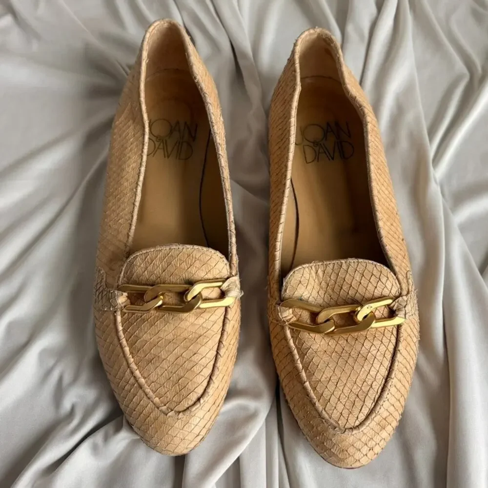 Joan & David Reptile Skin Loafers - Tan Beige, Gold Chain Detail, Size 7.5